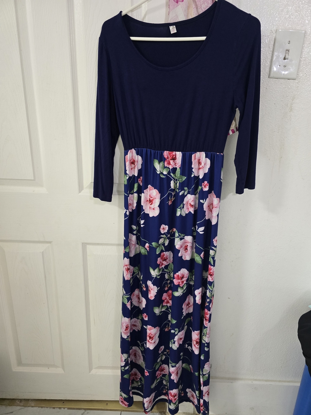 Navy Floral Maxi Dress with Pink Rose Print and Scoop Neck